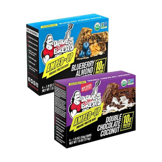 Dave's Killer Bread Blueberry Almond Butter Amped-Up Protein Bars 4 CT + Double Chocolate Coconut Amped-Up Protein Bars 4 CT (1 of each) Variety Pack