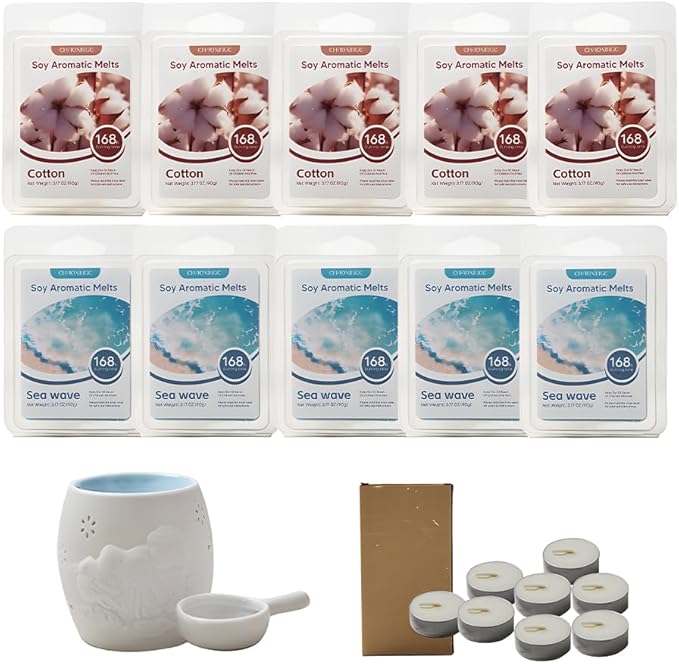 10-Pack Aromatherapy Wax Melts, Two Scent Combo | Wax Warmer & 8 Tealights Included | 90g (3.17 oz) per Pack | Eco-Friendly Soy Wax, 8 Scents (Cotton & Ocean Breeze) (Cotton & Ocean Breeze)