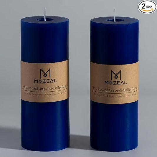 MOZEAL 3" x 8" Hand-Poured Unscented Large Candle, Smokeless Rustic Pillar Candle Set of 2, Slow Burn,No Drip, Approx 150 Hours Burning,Wedding,Dinner,Winter and Home Decorative,Tall Royal Blue Candle