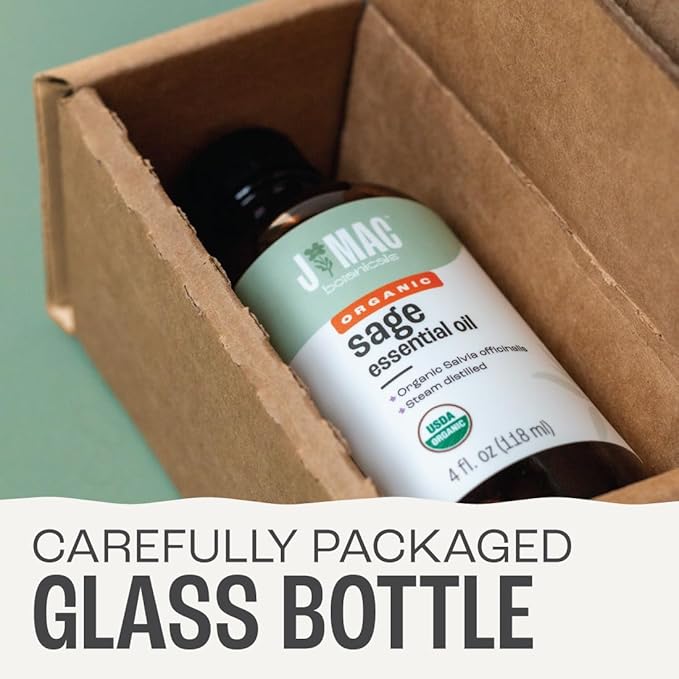 J Mac Botanicals, Organic Sage Oil (4 oz Glass Bottle, no Dropper), Organic Salvia Officinalis Essential Oil, Skincare, Massage, diffusers, Bath Bombs and Shower Steamers