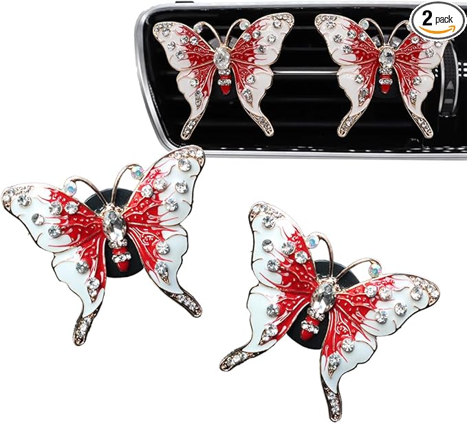 2pcs Red Butterfly Car Air Freshener Vent Clips Bling Car Accessories for Women Refillable Scents Diffusers