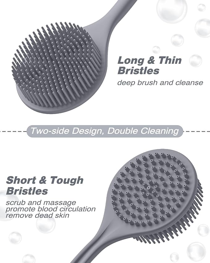 Manmihealth Silicone Back Scrubber & Soft Bath Glove Set 4 PCS(Thin Bristles), Super-Exfoliating Body Scrubber & Super-Lathering Shower Brush Combination, with 2 Free Hooks (Gray)