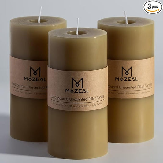 MOZEAL 3" x 6" Hand-Poured Unscented Candle, Dripless Pillar Candle Set of 3, Long Lasting Burning, Approx 120 Hours Burn Time, Rustic Country Style, for Wedding, Harvest Festival, Home Decor, Olive