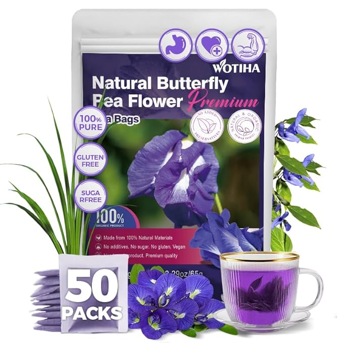 WOTIHA-Natural Butterfly Pea Flower Tea 75g.100% Natural Butterfly Pea 50 Herbal Tea.Non-GMO • Additive-Free • Caffeine-Free • Sugar-Free • Vegan