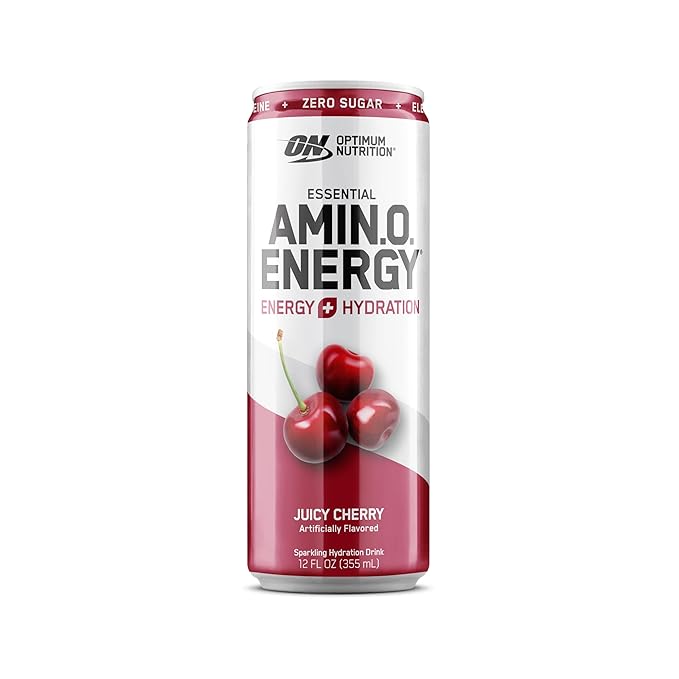 Optimum Nutrition Amino Energy Sparkling Hydration Drink, Electrolytes, Caffeine, Amino Acids, BCAAs, Sugar Free, Juicy Cherry, 12 Fl Oz, 12 Pack (Packaging May Vary)