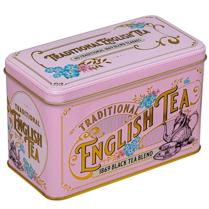 New English Teas Vintage Victorian Tea Tin with 40 Fine 1869 Blend English Teabags (Pink)