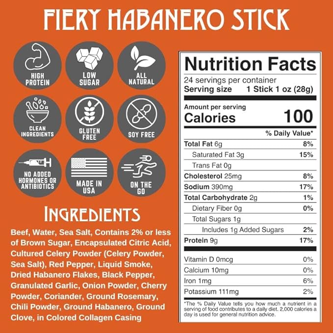 Righteous Felon Meat Sticks | 100% Beef Sticks | Gluten Free & Keto Meat Sticks | Low Sugar & High Protein Beef Sticks | Healthy Snack for Adults | Jerky Gifts for Men | Fiery Habanero, 24 Pack