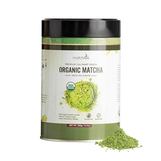 MatchAiA Organic Matcha Green Tea Powder - Premium Culinary Grade, USDA Certified, 100% Pure - Perfect for Lattes, Smoothies, Desserts and Baking - Sugar Free, Gluten Free (350g / 12.3oz Tin)