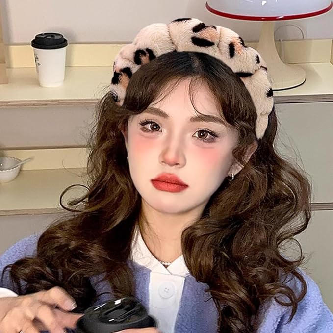 Spa Headbands for Washing Face or Makeup, Sponge Bubble Skincare Headbands, Puffy Terry Cloth Hairband for Women, Skin Care Makeup Headwear Hair Accessories for Girls (Leopard Khaki)