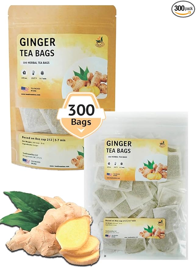 TeadreamTea Ginger Tea Bags - 300 Bleach-Free Tea Bags | Caffeine Free, Antioxidant, Calms Upset Stomach - Strengthen Immune System - Herbal Ginger Tea
