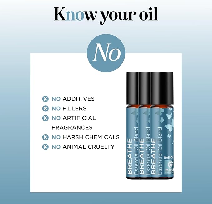 Breathe Essential Oil Roll On - Aromatherapy Essential Oil Roller with Invigorating Essential Oils - Refreshing Essential Oil Blend with Eucalyptus Peppermint Spearmint & Tea Tree Oils (3 Pack)