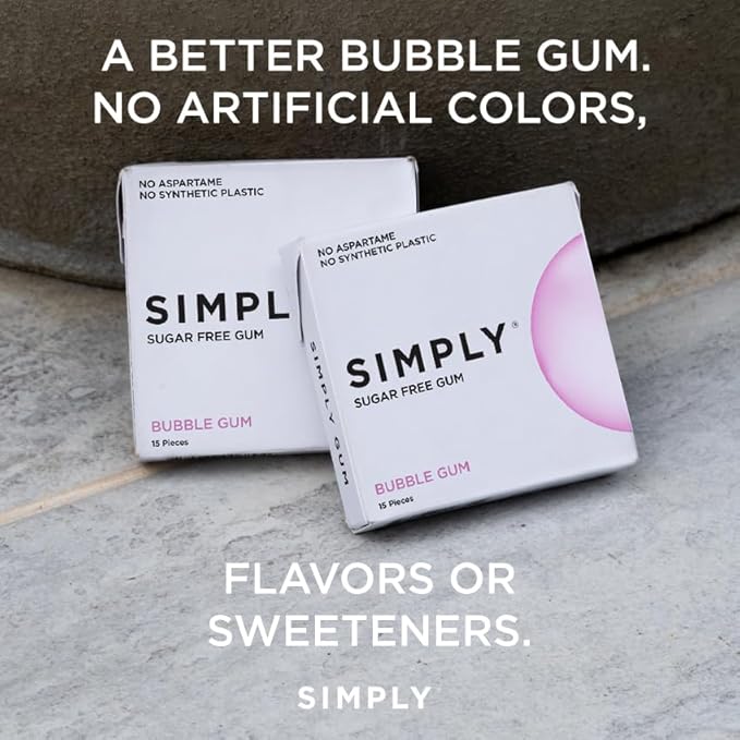 SIMPLY Gum | Dental Gum | Sugar Free Xylitol Chewing Gum | Bubblegum | Pack of Six (90 Pieces Total) | Synthetic Plastic Free + Sugar Free + Aspartame Free