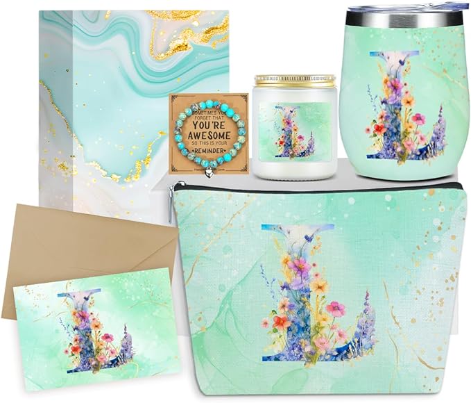 Personalized Gifts Monogrammed Birthday Gifts for Women, Mama New Mom Thanksgiving Wedding Christmas Initial Wine Tumbler Makeup Bag Scented Candle Bracelet Set, (Aesthetic Green Flower L)