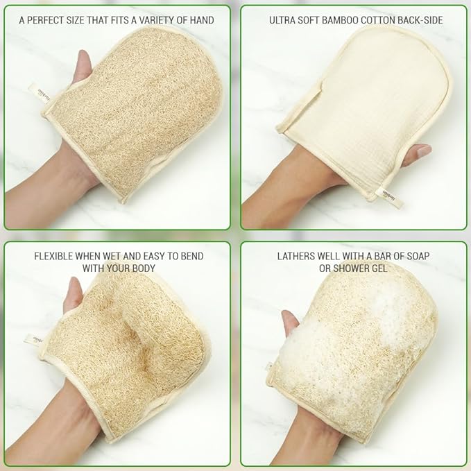 Premium Vietnamese Natural Loofah Gloves – Exfoliating Body Scrubber Mitts with Thumb Holes, Easy Grip Design, for Men & Women, Shower & Bath (Pack of 2)