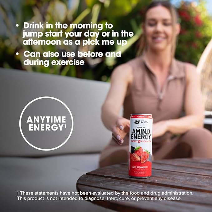 Optimum Nutrition Amino Energy Sparkling Hydration Drink, Electrolytes, Caffeine, Amino Acids, BCAAs, Sugar Free, Juicy Strawberry, 12 Fl Oz, 12 Pack (Packaging May Vary)