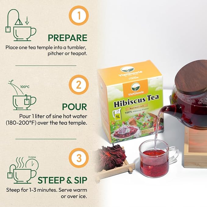 VietGlowie 30 Hibiscus Pyramid Tea Bags, 2.5g/Bag to 33oz, Hibiscus Flower Loose Leaf Herbal Tea, Refreshing & Tart, Caffeine-Free, 100% Natural, Corn-Based Tea Bags