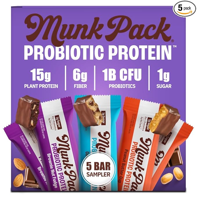 Munk Pack 15g Probiotic Keto Protein Bars - Low Sugar, High Protein -1g Sugar, 4g Net Carbs. Vegan + Plant Based Gut Health. Low Carb Healthy Snack Bar. Sampler Pack - 5 Count