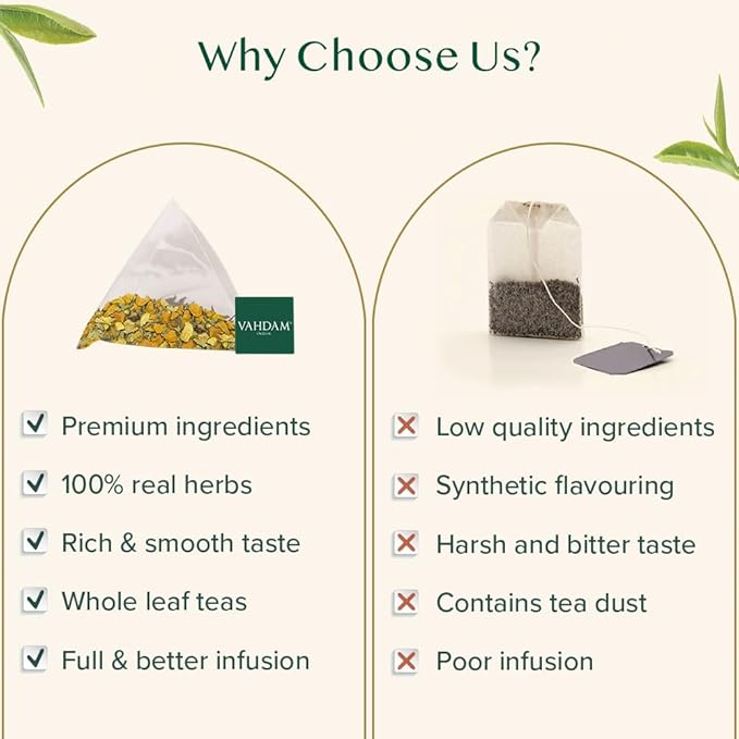 VAHDAM, Turmeric Moringa Tea Bags (100 Herbal Tea Bags) Caffeine Free, Non GMO | 100% Pure Herbal Blend - Sweet & Earthy | Resealable Ziplock Pouch
