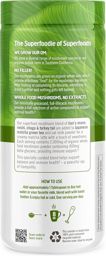 OM MUSHROOM SUPERFOOD Matcha Latte Blend Mushroom Powder, 8.47 Ounce Canister, 30 Servings, Green Tea, Lion's Mane, Reishi, Chaga, Turkey Tail, Focus & Stress Support Supplement