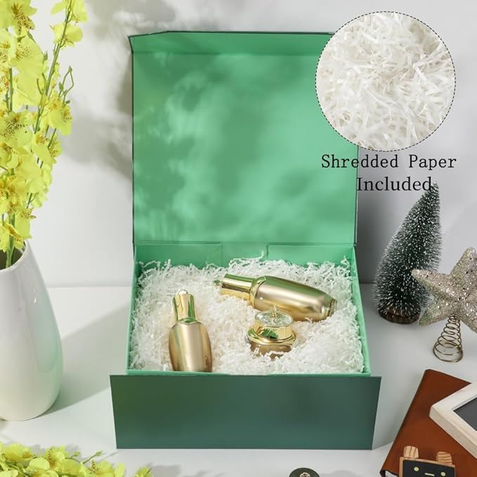 1 Pcs Green Gift Box Large 13x11x5.3 Inch Large Black Gift Box Large Magnetic Gift Box with Crinkle Paper Green Large Gift Box with Shredded Paper Luxury Gift Boxes with Lids for Presents
