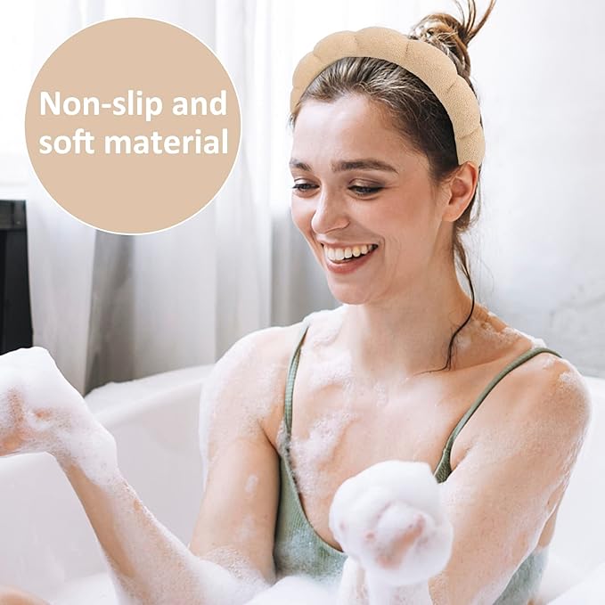 AMCAMI 2 PCS Puffy Spa Headband for Women Sponge Headbands for Girls Terry Towel Cloth Fabric Head Band for Skincare, Makeup Removal(Beige&Light coffee)