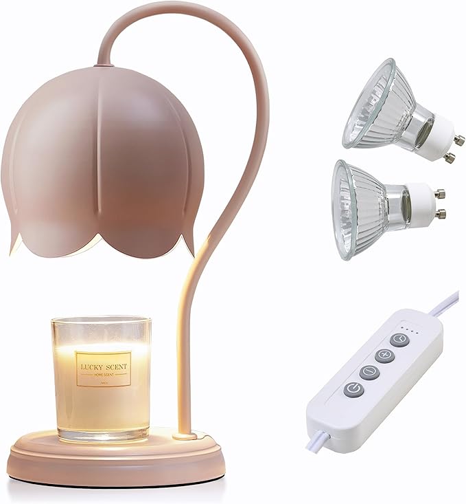 Cute Pink Flower Candle Warmer Lamp with Timer Dimmable, Bedroom House Office Aesthetic Living Girls Room New Home Decor, Christmas Birthday Gifts for Women Mom, Large Bedside Table Scented Wax Lamps