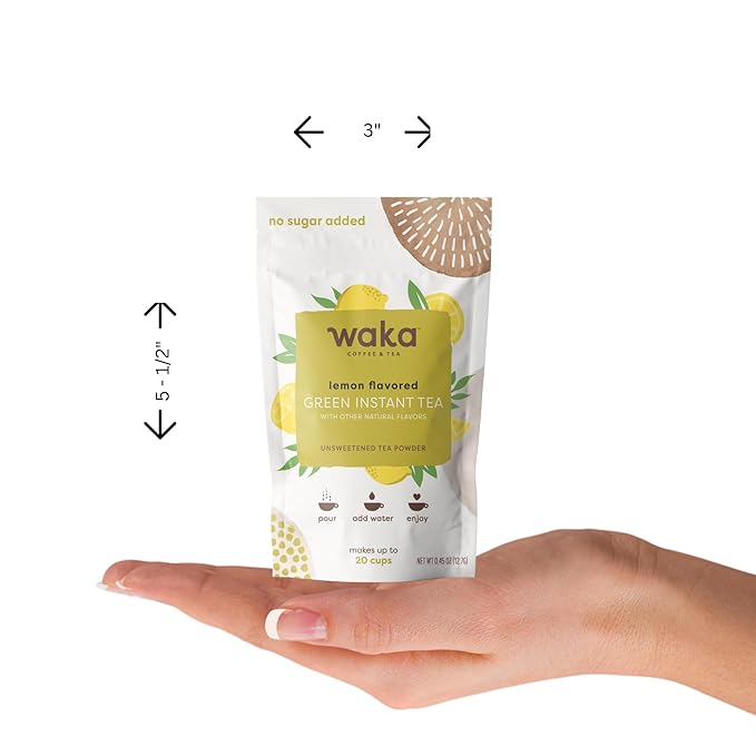 Waka Instant Green Tea Mix, Lemon Flavored - 100% Tea Leaves, No Additives, Unsweetened Sample/Travel Size Tea Powder - Easy Quick Hot and Iced Teas, Up to 20 Cups or 5 Quarts (.45oz)