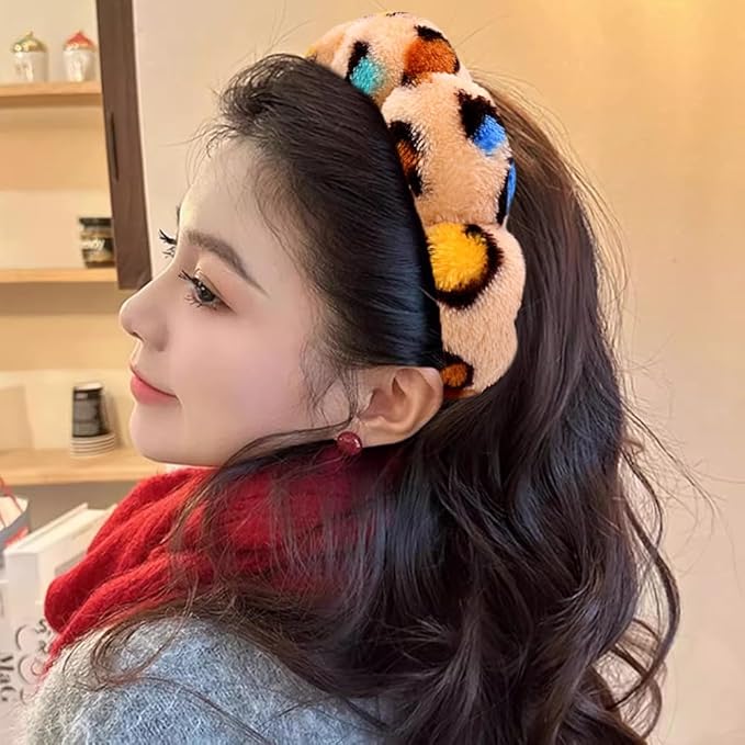 Spa Headbands for Washing Face or Makeup, Sponge Bubble Skincare Headbands, Puffy Terry Cloth Hairband for Women, Skin Care Makeup Headwear Hair Accessories for Girls (Leopard Brown)