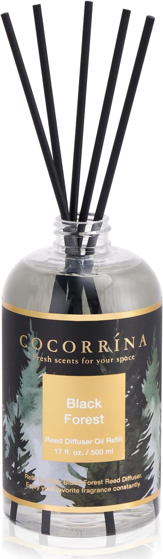 Cocorrína Reed Diffuser Refill Black Forest 17oz (500ml) with 8 Sticks - Premium Long-Lasting Essential Oil, Home Fragrance for Bedroom, Bathroom Home Decor