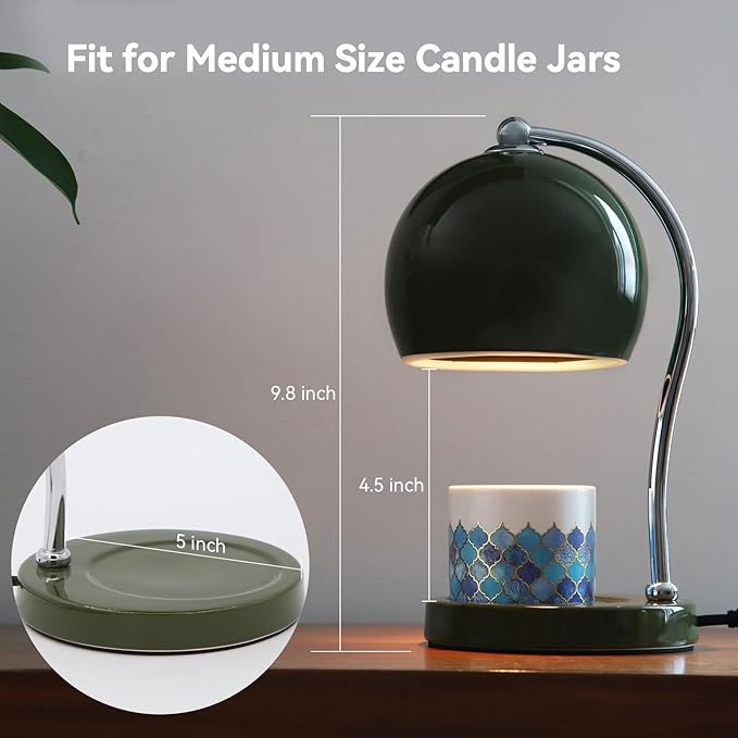 Ceramic Dimmable Candle Warmer Lamp with Timer Fit for Medium Size Candle Jars, Aesthetic Design with 2 Bulbs, House Warming Gifts, New Home Decor, Mother's Day, Birthday Gifts (Green)