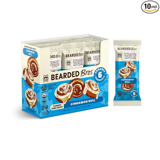 Bearded Brothers, Organic Vegan Protein Energy Bars, Cinnamon Roll (10 Pack) - Gluten Free, Paleo, Fiber, Whole 30, Non GMO Low Glycemic Snacks