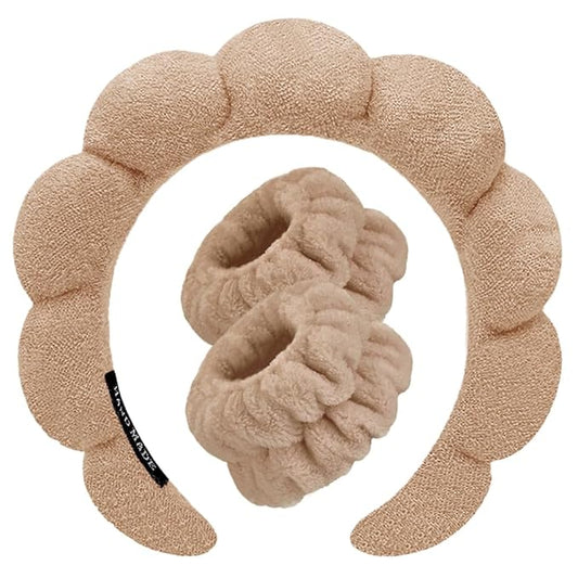Spa Headbands for Washing Face Wristband Set Sponge Makeup Skincare Headband Wrist Towels Bubble Soft Terry Towel Cloth Hairband for Women Puffy Headwear Non Slip Thick Thin Hair Headwear (Coffee)