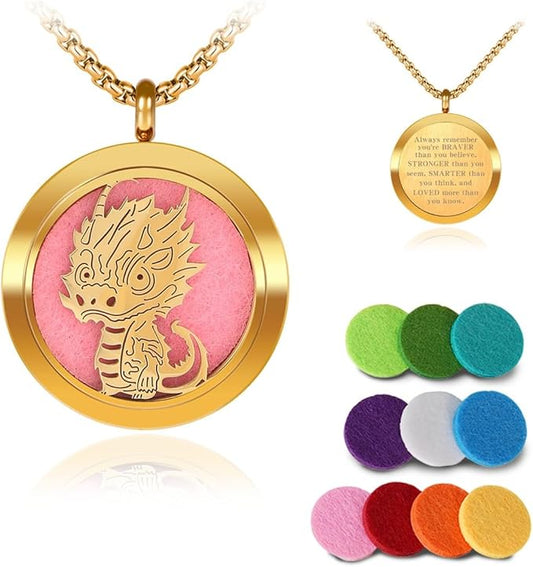 Aromatherapy Diffuser Necklace-Dinosaur Essential Oil Necklace,Aromatherapy Diffuser Pendant for Men and Women,Portable,Suitable for Yoga,Meditation,Travel,Stress Relief Gift(Gold 30mm)
