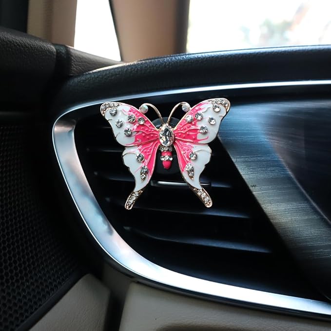 2pcs Pink Butterfly Car Air Freshener Vent Clips Bling Car Accessories for Women Refillable Diffusers