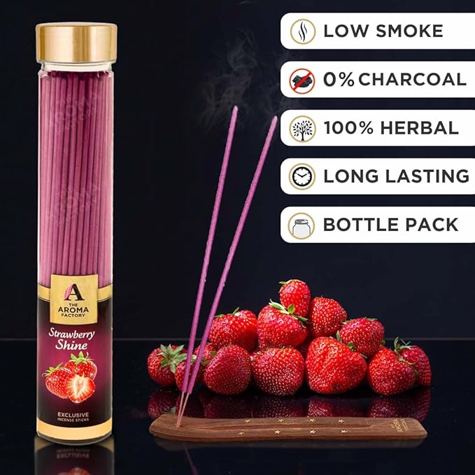 The Aroma Factory Strawberry Shine Charcoal Free Incense Stick, Scented Agarbatti, 100% Herbal Premium Aromatherapy, Meditation Prayer Relaxation, Crafted for Luxury Seekers (100g)