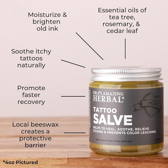 Ora's Amazing Herbal Tattoo Salve, Tattoo Aftercare Balm, Paraben Free Healing OIntment For New Tattoos, Brightening Moisturizer For Old Ink, Itchy Tattoo Relief Cream, Plastic Free, 1 oz Travel Size