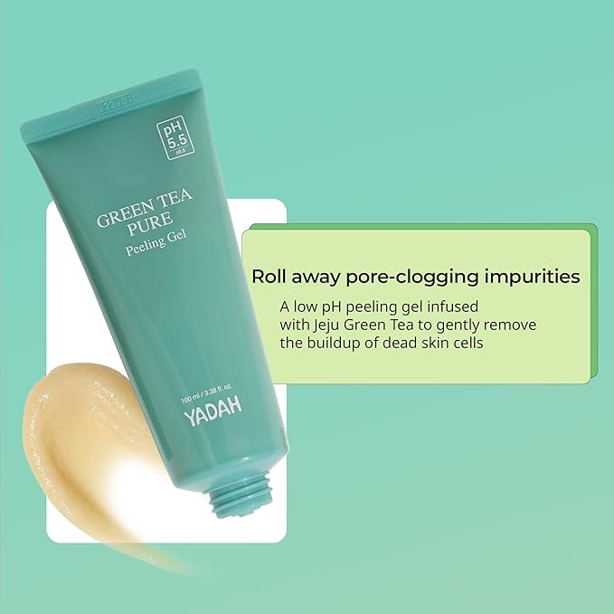 YADAH Green Tea Pure Peeling Gel, 3.4 Fl Oz - pH Balanced Exfoliating Gel with Natural Cellulose for Smooth, Resurface and Even Skin for Moisture Balance