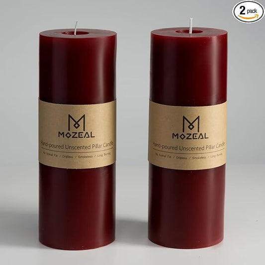 MOZEAL 3" x 8" Hand-Poured Unscented Large Candle,Smokeless Rustic Pillar Candle Set of 2,Slow Burn,No Drip,Approx 150 Hours Burning,Wedding,Dinner,Christmas and Home Decorative,Tall Dark Red Candle
