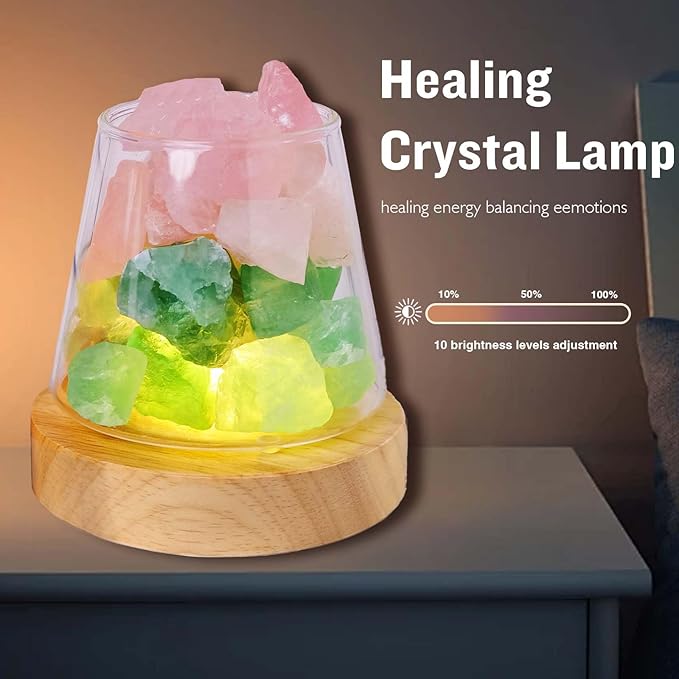 Runyangshi Healing Crystal Night Light Natural Green Fluorite Rose Quartz Raw Stone Aroma Diffuser USB Powered 3 Colour Adjustable Bedside Lamp for Bedroom Living Room Yoga Meditation Home Decor Gift
