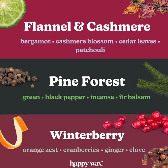 Happy Wax Winter Outdoors Mix Scented Natural, Non Toxic Soy Wax Melts; 6 Total Oz. of Holiday Scented Wax Melts, Collection Includes Winterberry, Evergreen Trees and Peppermint Bark