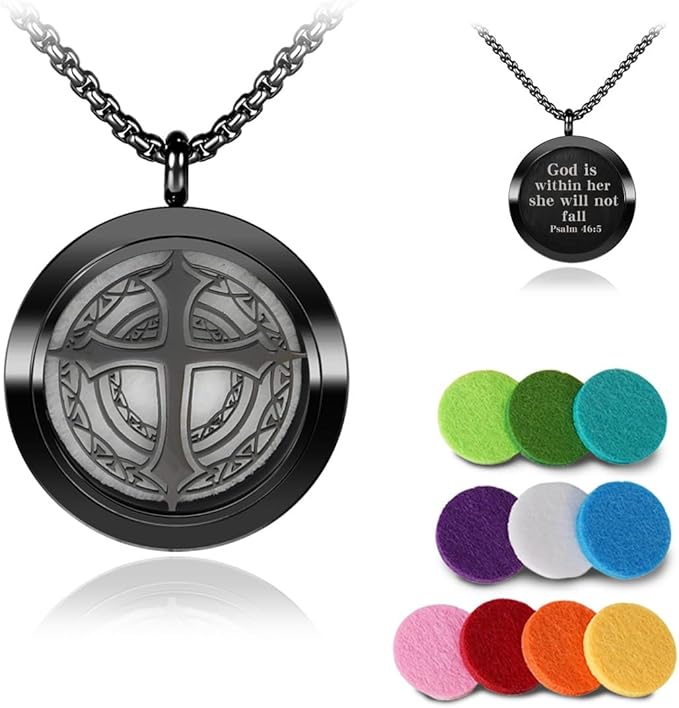 Aromatherapy Diffuser Necklace-Cross Essential Oil Necklace,Aromatherapy Diffuser Pendant for Men and Women,Portable,Suitable for Yoga,Meditation,Travel,Stress Relief Gift(Black 30mm)