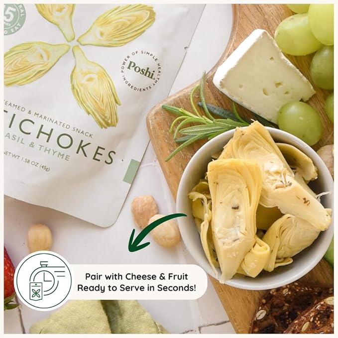 POSHI Artichoke Hearts with Basil and Thyme – Ready-to-Eat Snack Pack – Vegan, Keto, Low Carb, Gluten Free, Non-GMO (10 Pack, 1.58 oz)