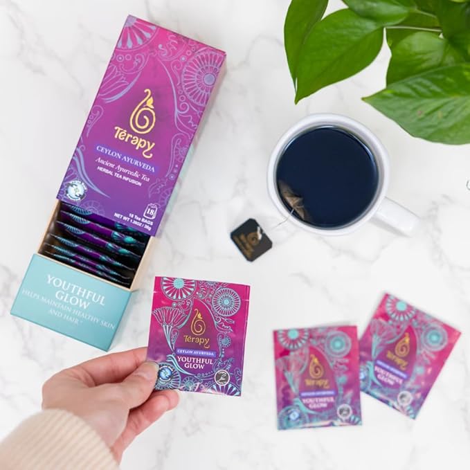 Tรฉrapy Ceylon Youthful Glow Herbal Tea Bags | Helps Maintain Healthy Skin and Hair | 100% Natural Blue Butterfly Peas, Licorice Root, Green Tea & More | Individually Wrapped Organic Tea Bags |18 Count
