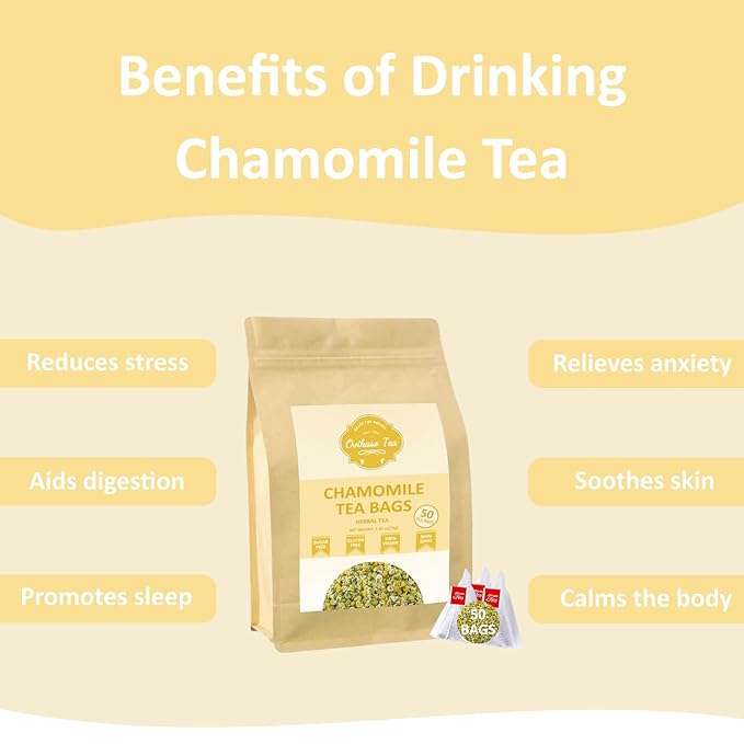 Ovikaso Tea, Chamomile Tea Bags, 50 Pyramid Tea Bags, 1.5g/bag, 100% Natural, Herbal Tea for Relaxation, Direct from Source, Non-GMO, No Caffeine