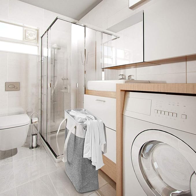 i BKGOO Laundry Basket with Handles Beige&Grey-Slim Laundry Bin Collapsible Dirty Clothes Basket Narrow Laundry Bag Foldable Dirty Hamper for Camping, Dorms, Apartments