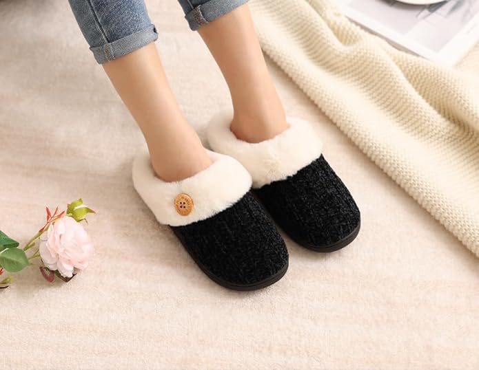 Evshine Warm Knit House Slippers for Women Comfy Wool-Like Lined Chenille Slippers with Memory Foam and Indoor Outdoor Soles