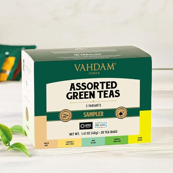 VAHDAM, Assorted Green Tea Bags Sampler (5 Flavors, 20 Ecofriendly Pyramid Tea bags) I Gift Ideas for Women & Men | Himalayan Green Tea Varieties | Gluten Free & Non GMO | Gift Ideas for Him/Her