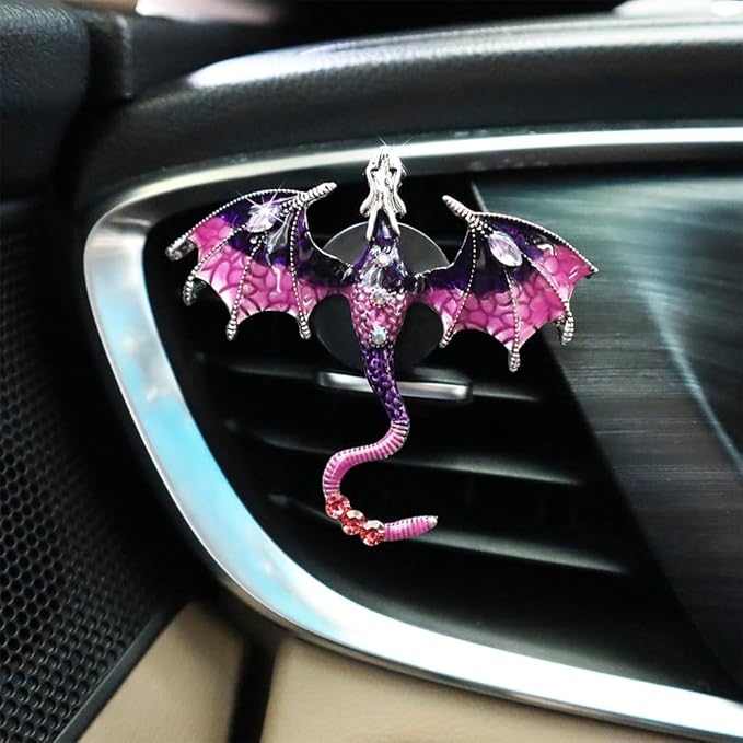 Bling Wyvern Car Air Freshener Vent Clips,2pcs Alloy Purple Enamel Dragon Vent Clips Car Accessories,Refillable Car Diffuser with Felt Mads,Coffee Fragrance Tablets