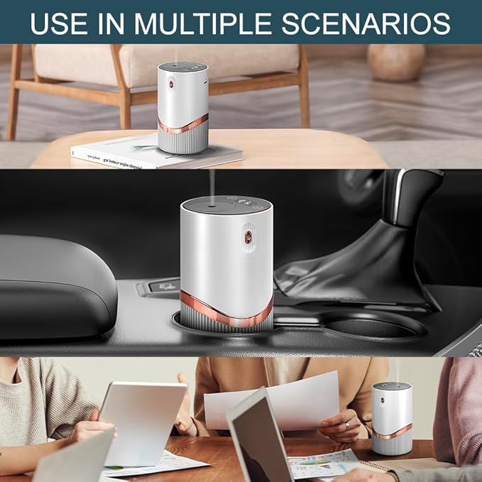 Waterless Essential Oil Diffuser - Car Aroma Diffuser, Portable Smart Scent Air Machine 1/2/3 & Continuous Mist, Anti-TIPP, Timer Setting and Auto-Off Function (White)