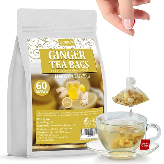 60 Premium Ginger Tea Bags, Made with 100% High-Spiciness Ginger Root, Full of Favor & Spicy, Support Digestion & Boost Immunity, No Additives & Caffeine Free.